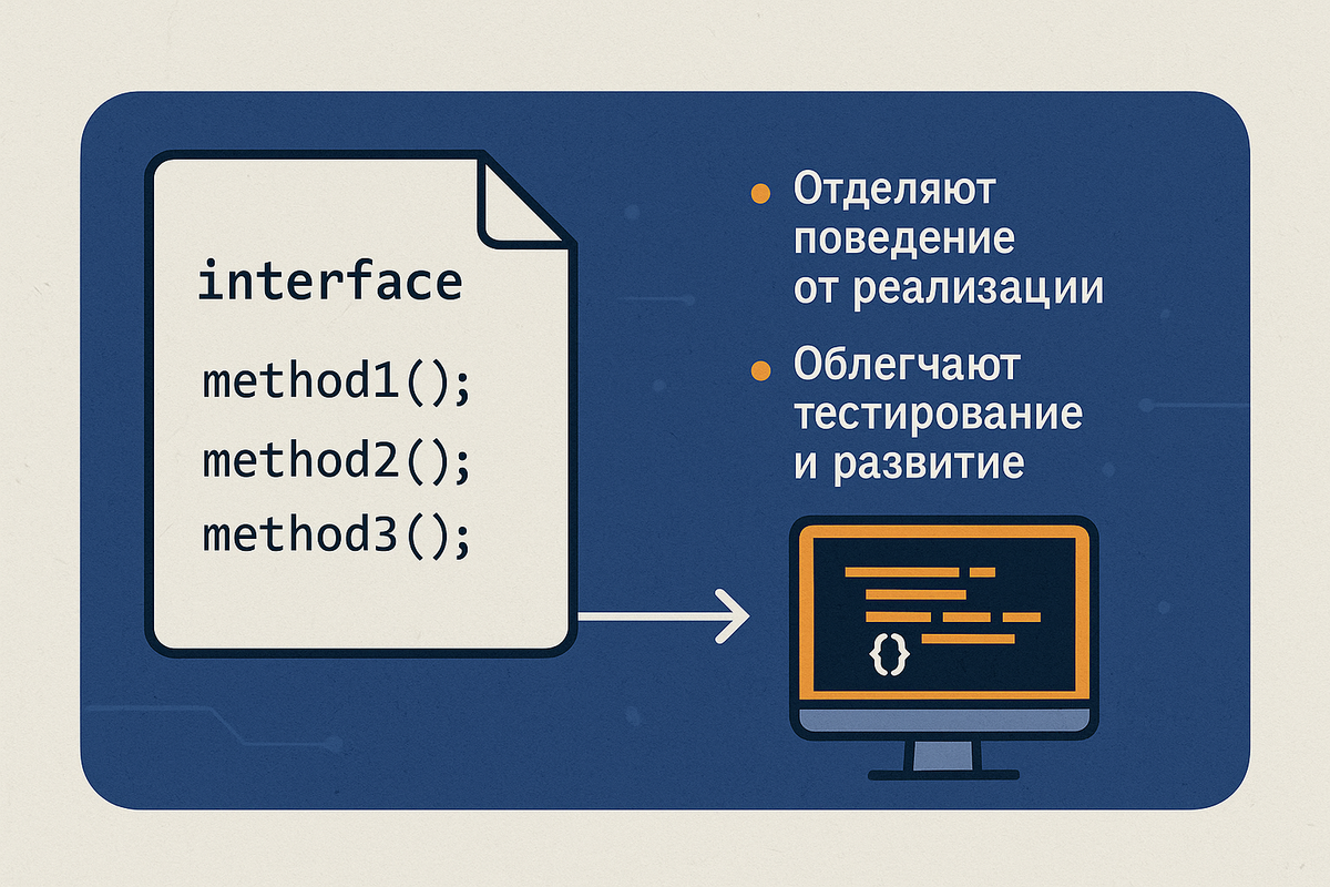 Интерфейсы упрощают развитие кода и отделяют детали от сути