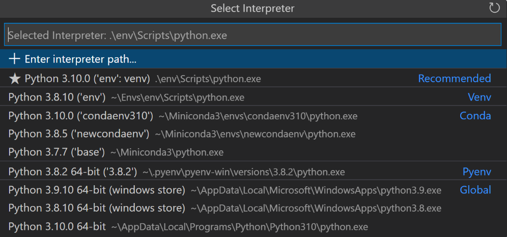 Выбор интерпретатора Пайтон (Python) в VS Code (источник: code.visualstudio.com)